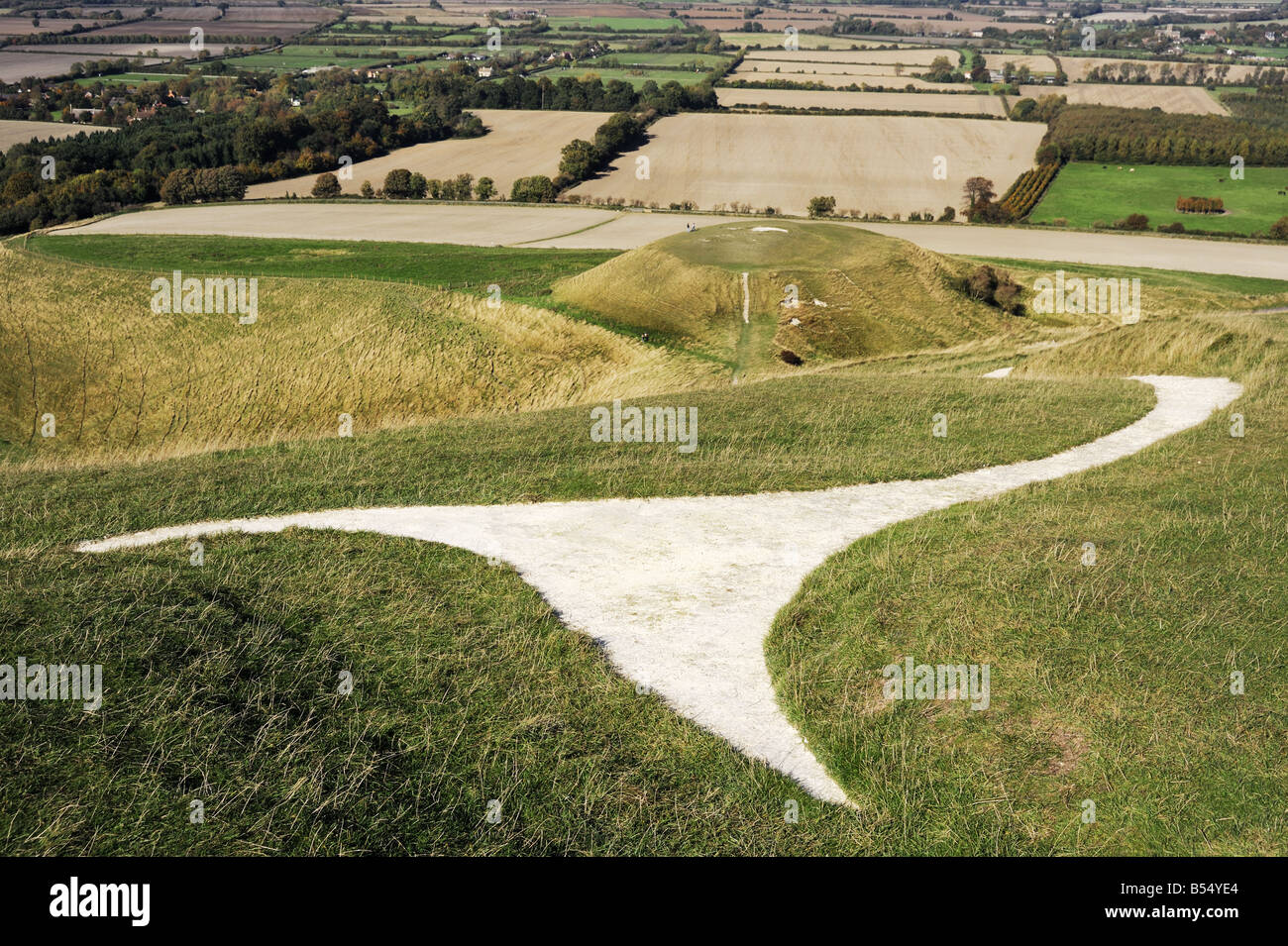 Das White Horse Hill bei Uffington, Oxfordshire, Teil des weißen Pferdes Kopf und Drachen-Hügel in der Ferne zeigen Stockfoto