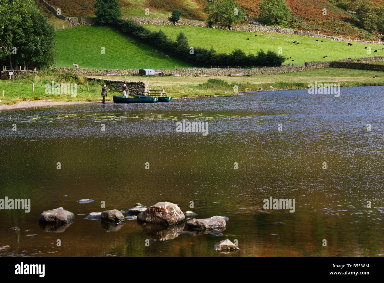 Watendlath Tarn Fliegenfischen im Spätherbst, "Lake District" Cumbria England Großbritannien Stockfoto