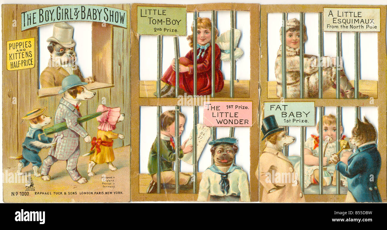 Chromolithographed mussen Falten Booket mit dem Titel The Boy Girl & Baby zeigen, um 1890 veröffentlicht von Raphael Tuck & Söhne Stockfoto