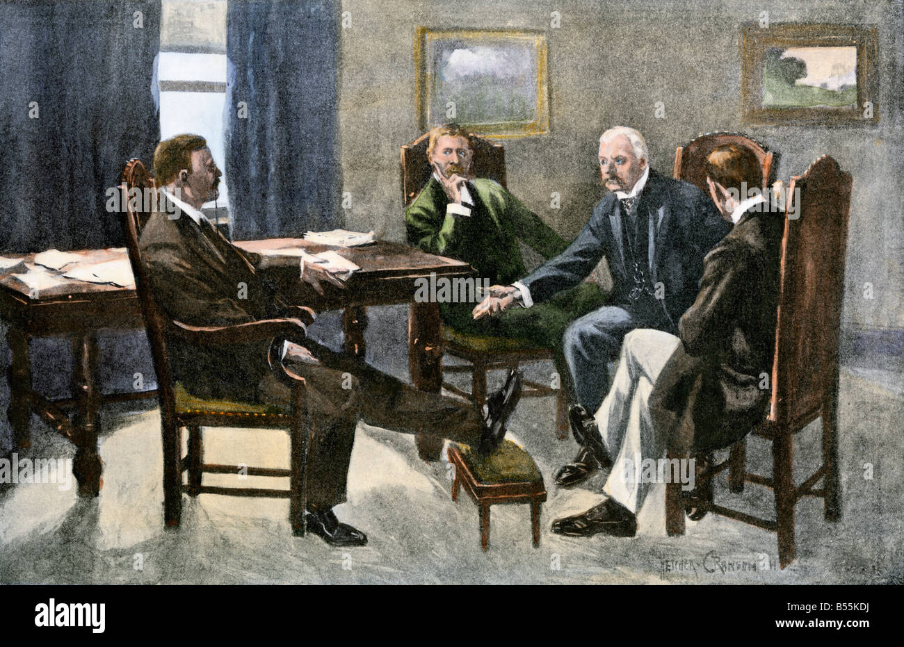 Präsident Theodore Roosevelt über die kohle Streik mit J.P. Morgan und Elihu Root 1902. Handcolorierte halftone einer Abbildung Stockfoto