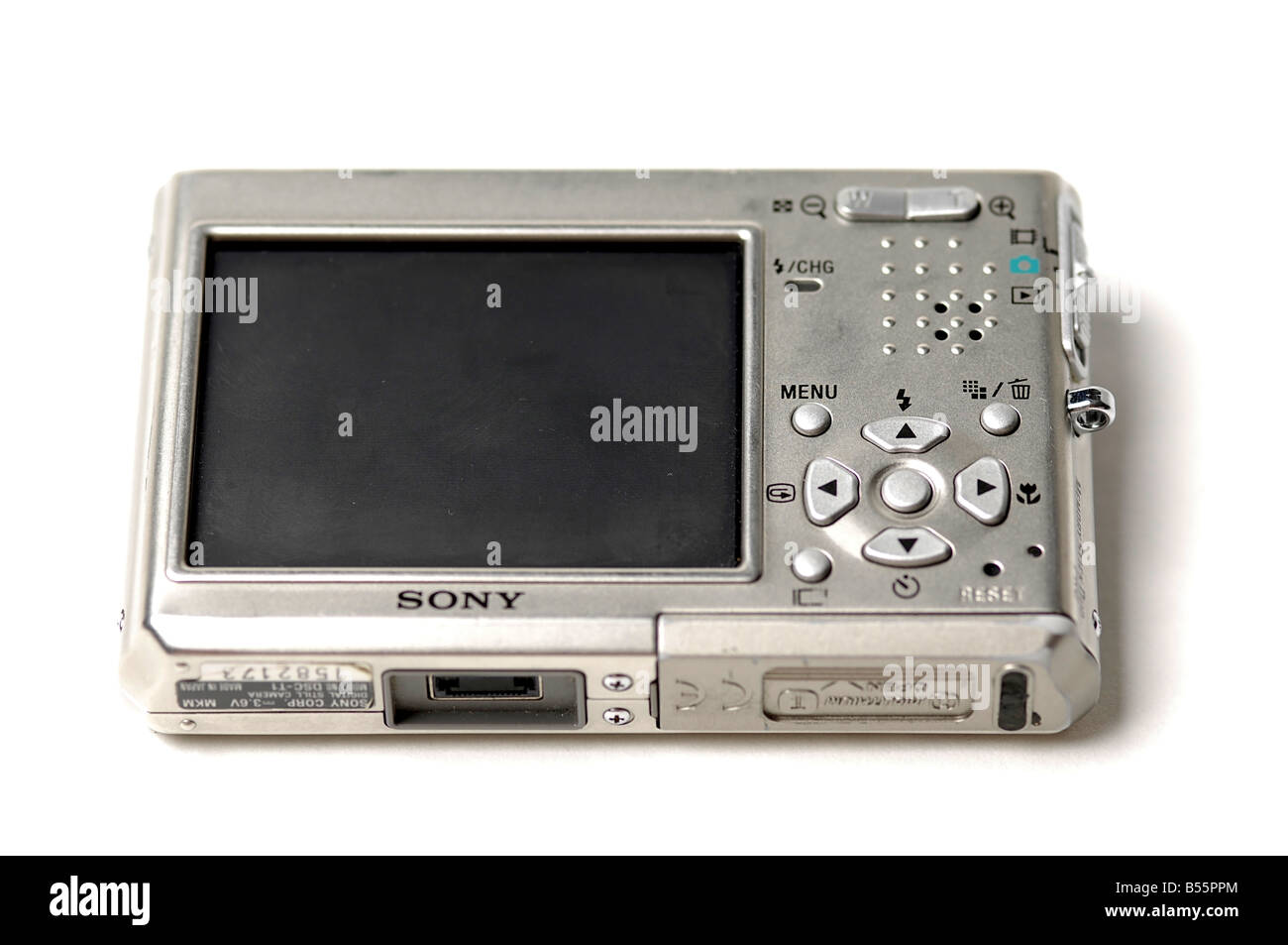 Ein gut gebrauchtes schneiden Sie Foto von einem Sony "DSC-T1" Punkt und schießen Verbraucher Digitalkamera mit Carl Zeiss-Objektiv Stockfoto