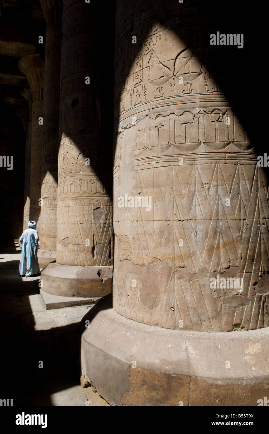 Geschnitzte Säulen mit Hieroglyphen schreiben an der Säulenhalle des ptolemäischen Tempel von Edfu, dem Falkengott Horus, 237 - 57 v. Chr., Ägypten gewidmet Stockfoto