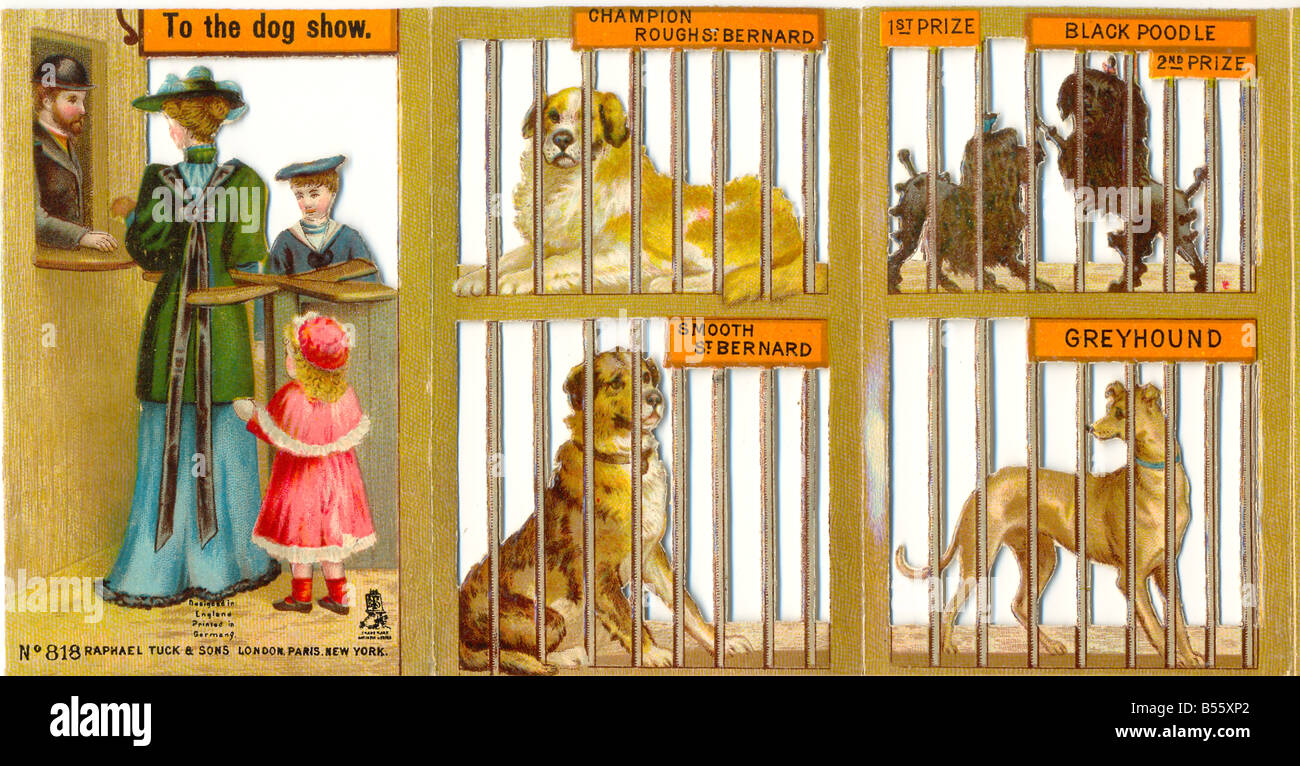 Chromolithographed mussen Booket Falten mit dem Titel To the Dog Show, um 1890 Stockfoto