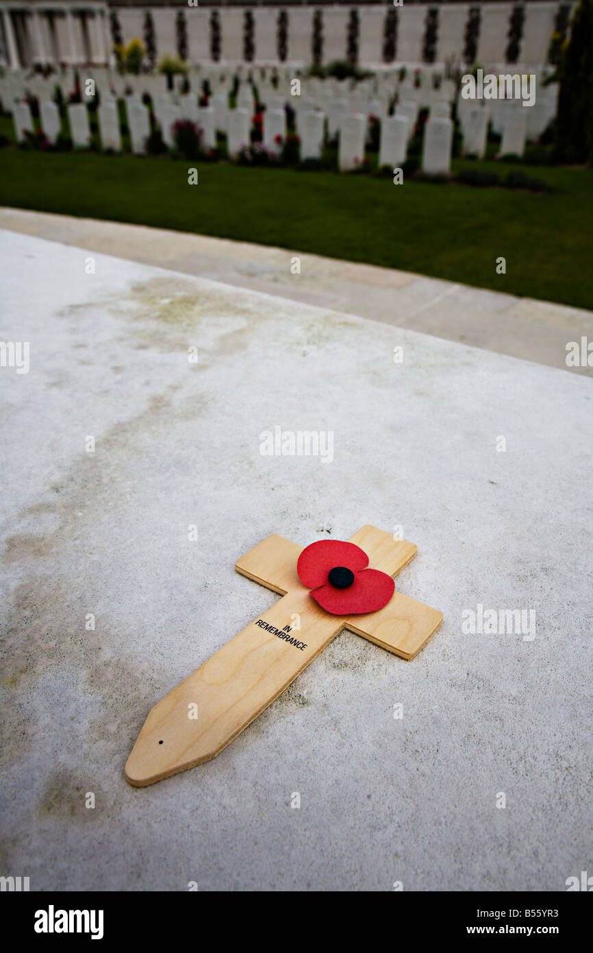 In Erinnerung roter Mohn Tyne Cot British War Memorial Friedhof Belgien Stockfoto