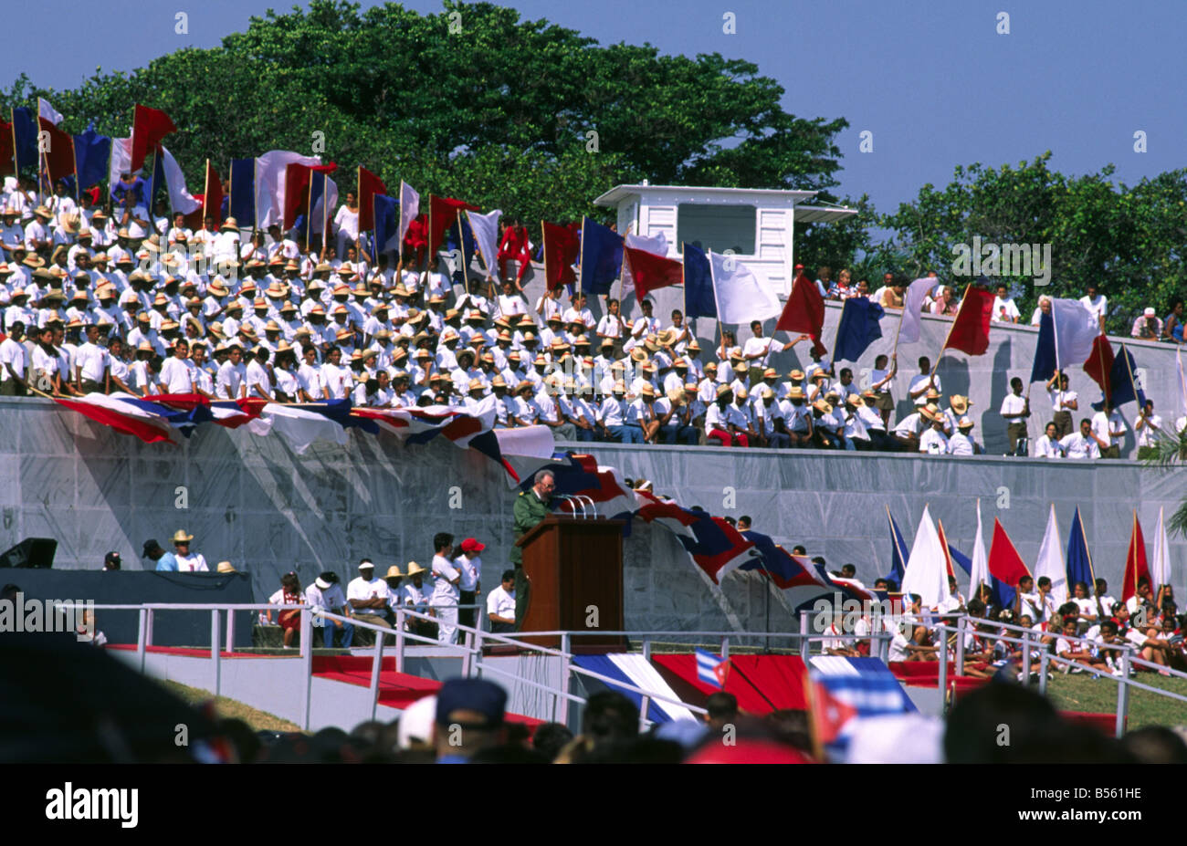 Fidel Castro spricht zur Nation während Labour Day Feierlichkeiten in Platz der Revolution, Havanna, Kuba Stockfoto