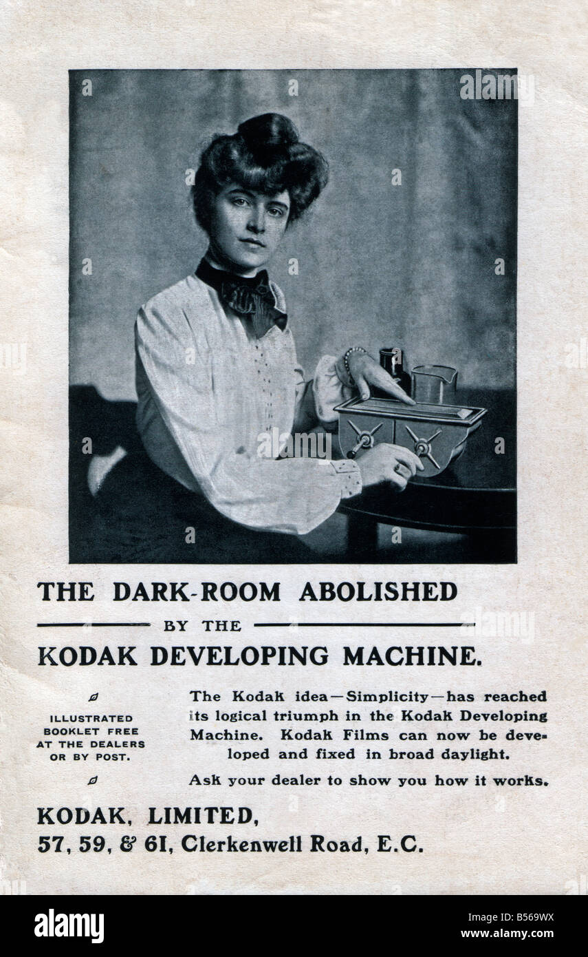 Alte Kodak-Werbung um 1900 für Tageslicht Entwicklungsmaschine Stockfoto