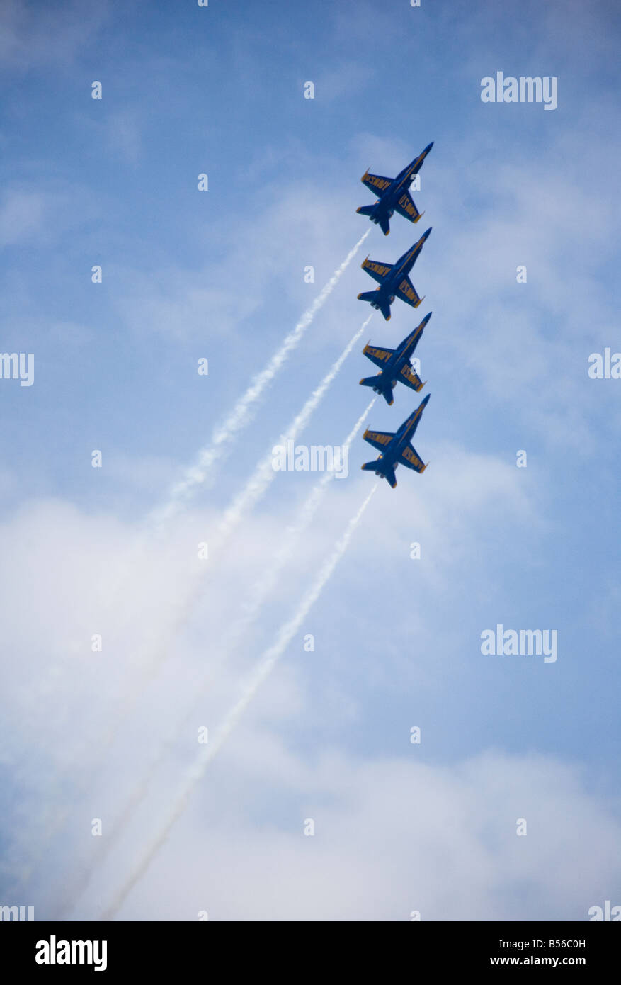Die Elite US Navy Blue Angels Geschwindigkeit in Formation an Hunderte von Meilen pro Stunde auf der gemeinsamen Service Open House Air Show 2008. Stockfoto
