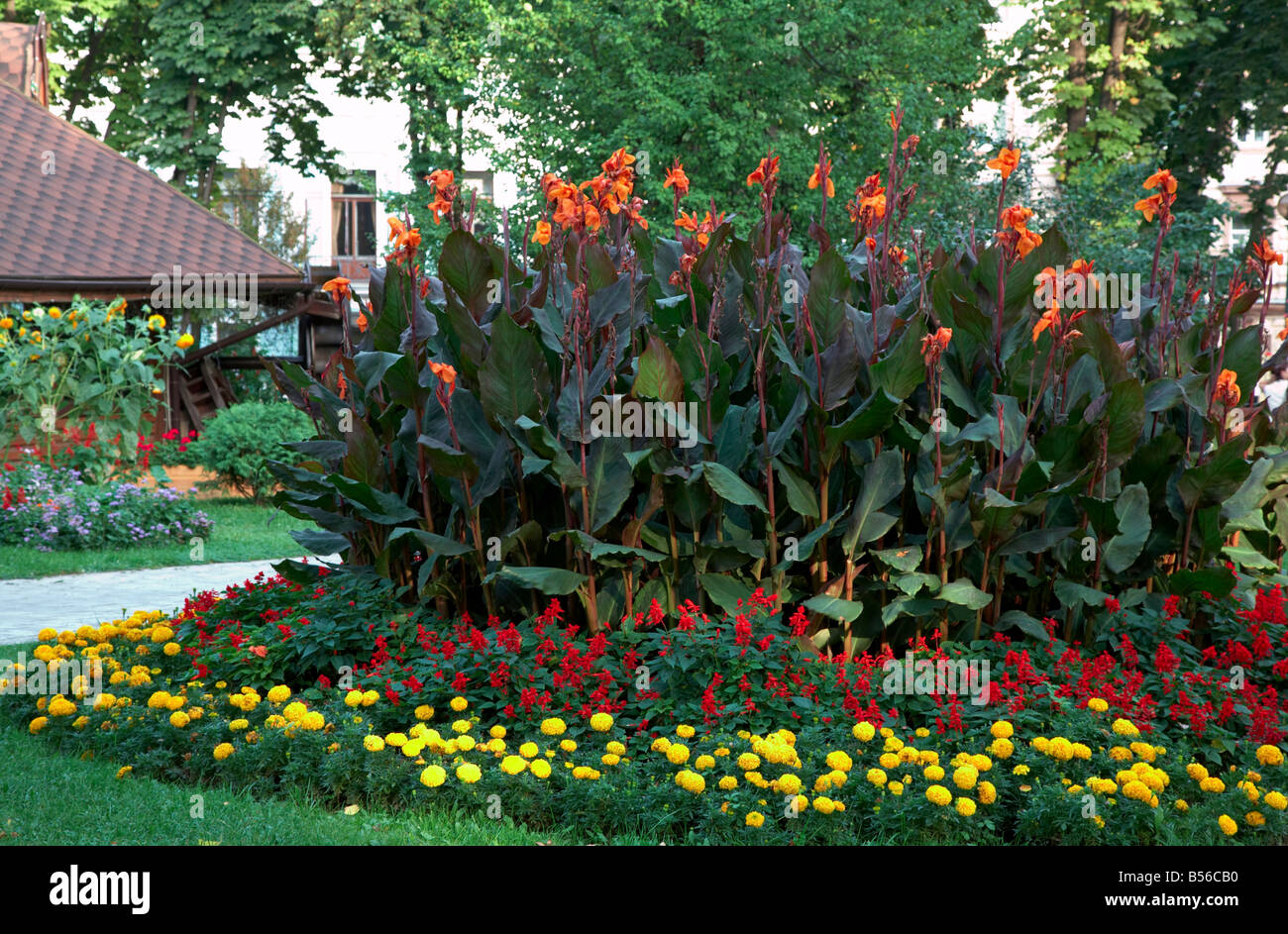 Blühende bunte Blumenbeete im Sommer Stadtpark Stockfoto