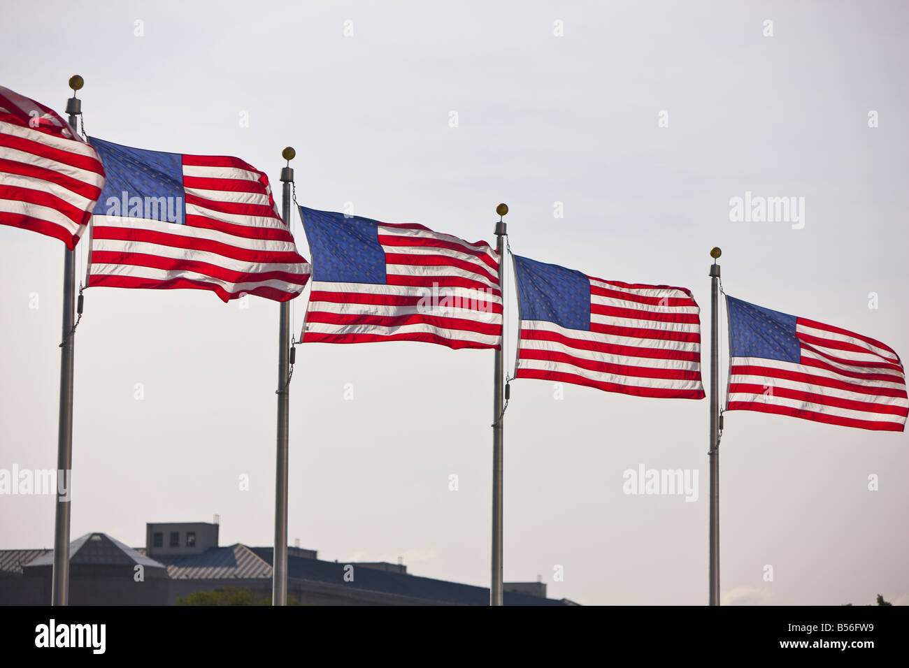 WASHINGTON DC USA United States Flags fliegen auf Fahnenmasten am Washington Monument Stockfoto