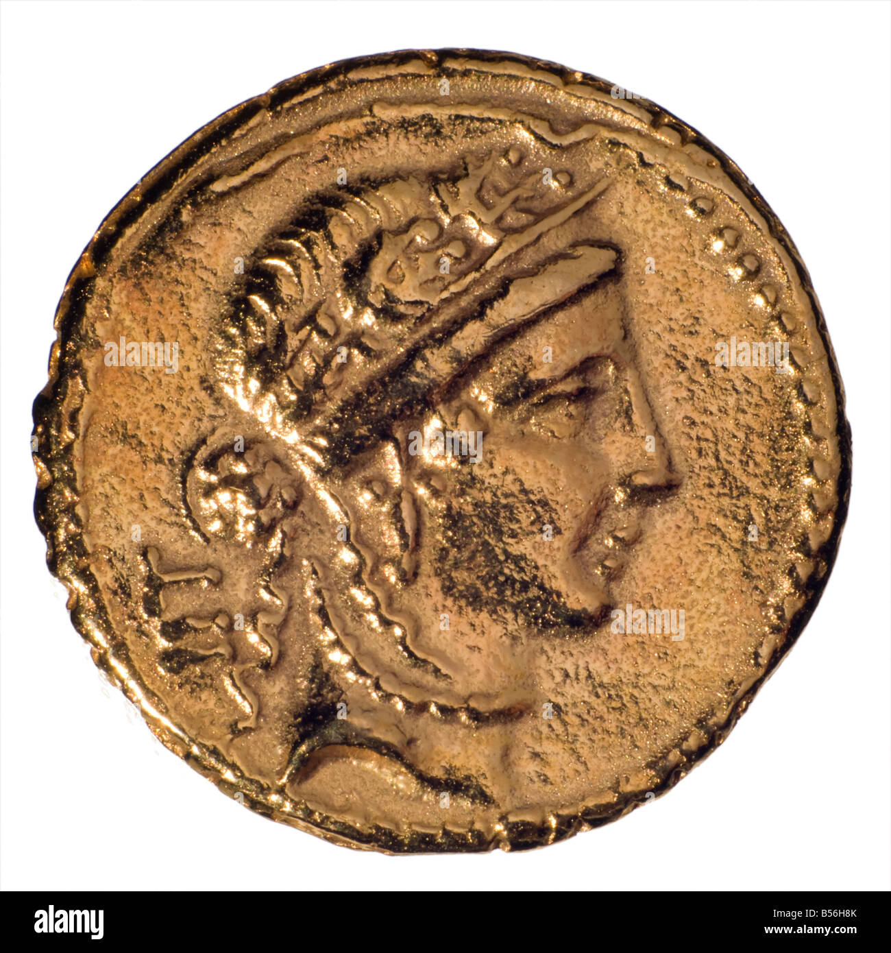 Gold Roman Aureaus Coin (Nachbau). Julius Caesar, geprägt, 48-47BC. Avers: Frauenkopf, wohl Venus. Stockfoto