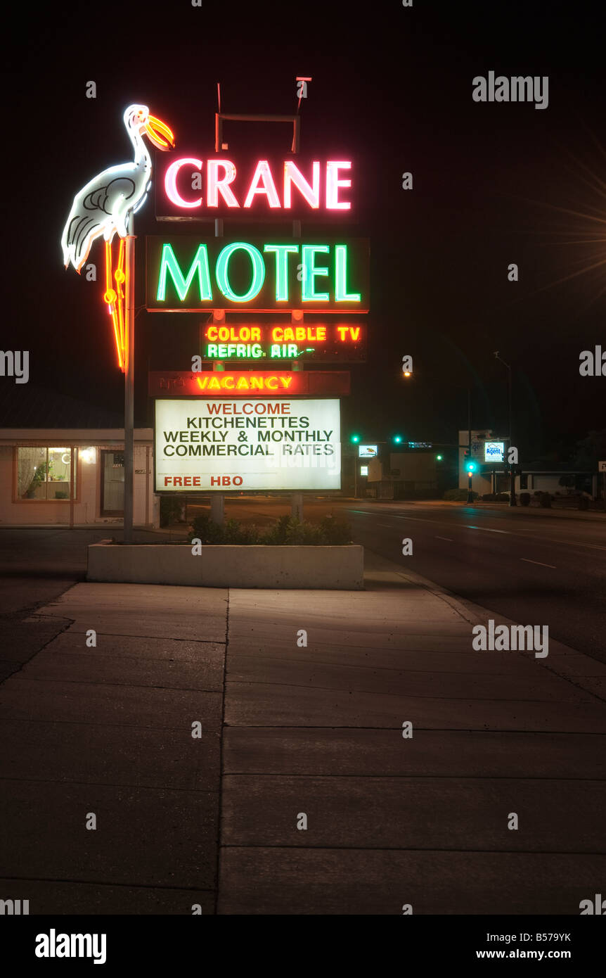 Kran-Motel Leuchtreklame Stockfoto