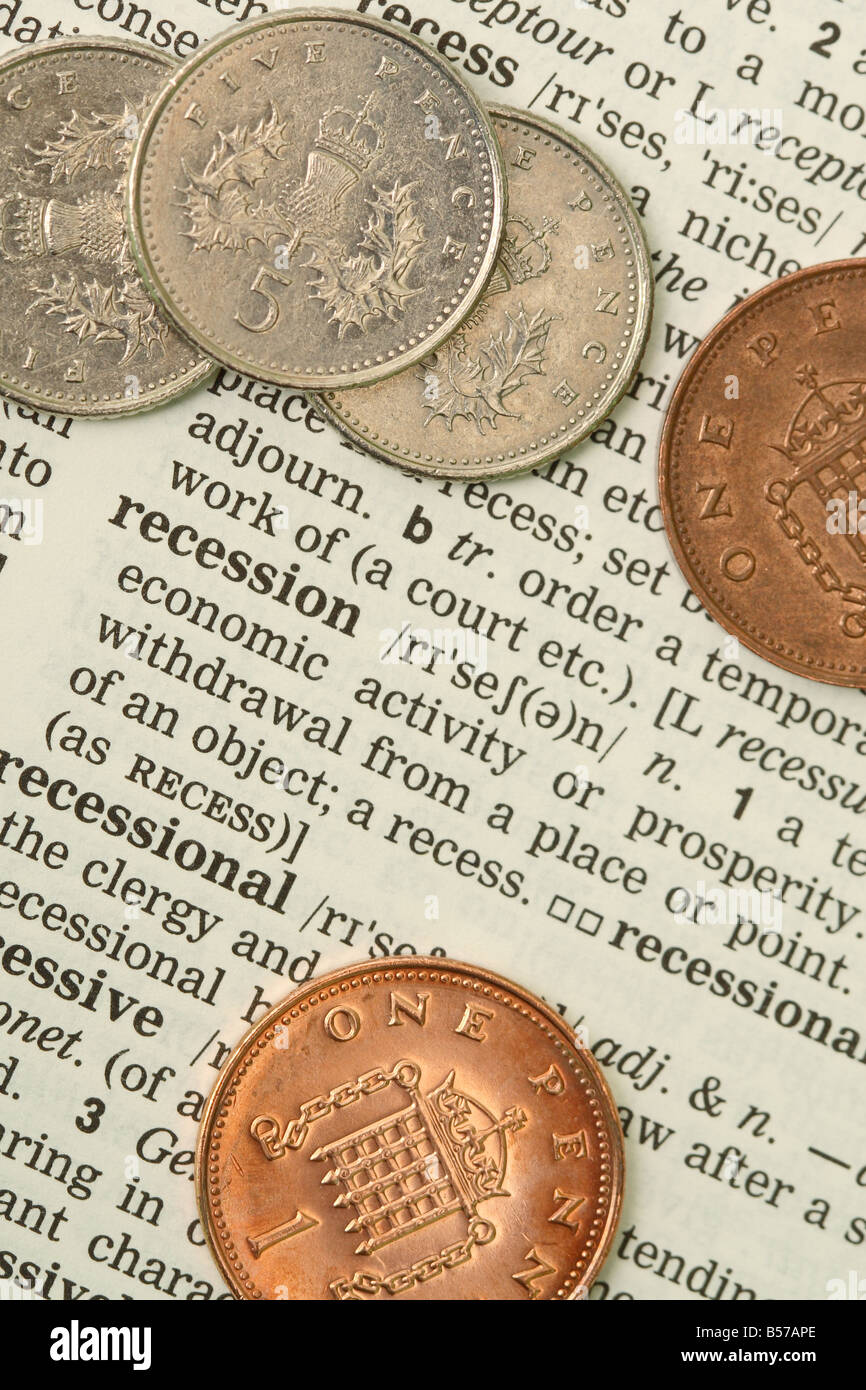 Rezession Wirtschaft Haufen Geld ein paar Cent Münzen Stockfoto