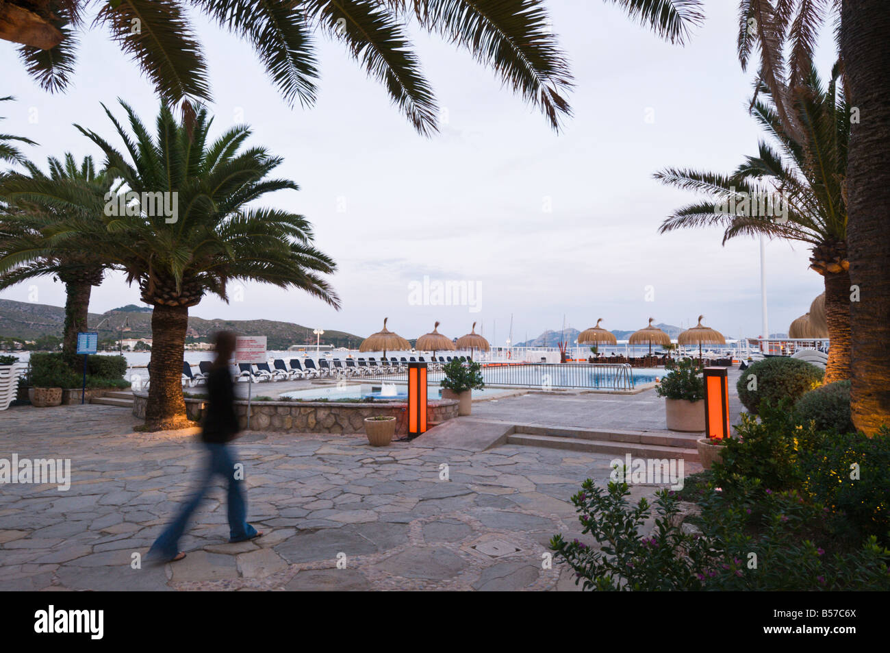 Eine Person zu Fuß durch Palmen Hafen von Pollensa, Mallorca, Spanien. Stockfoto