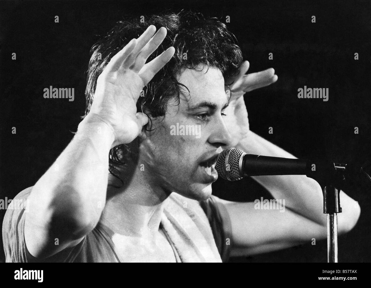 König von den Boomtown Rats Bob Geldof zeigt die Belastung dieser 60 Gigs. Mai 1979 P003853 Stockfoto