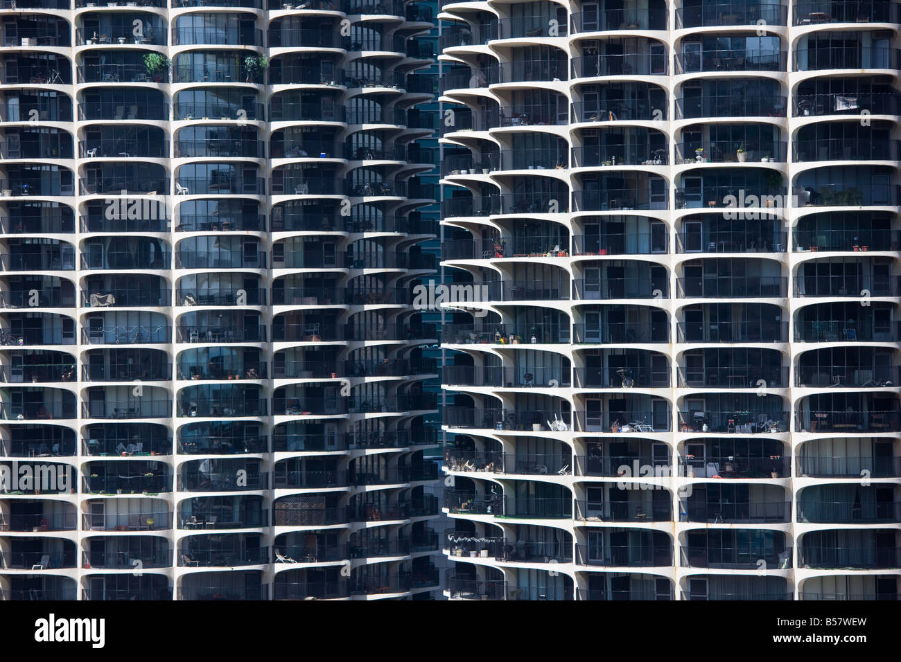 Nahaufnahme von Marina City Twin towers, Chicago, Illinois, Vereinigte Staaten von Amerika, Nordamerika Stockfoto