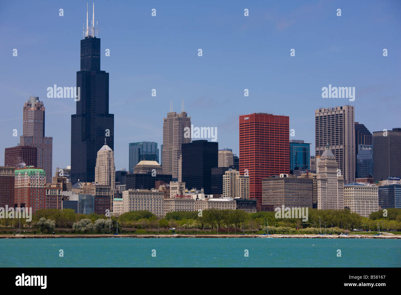 Sears Tower und die Skyline, Chicago, Illinois, Vereinigte Staaten von Amerika, Nordamerika Stockfoto