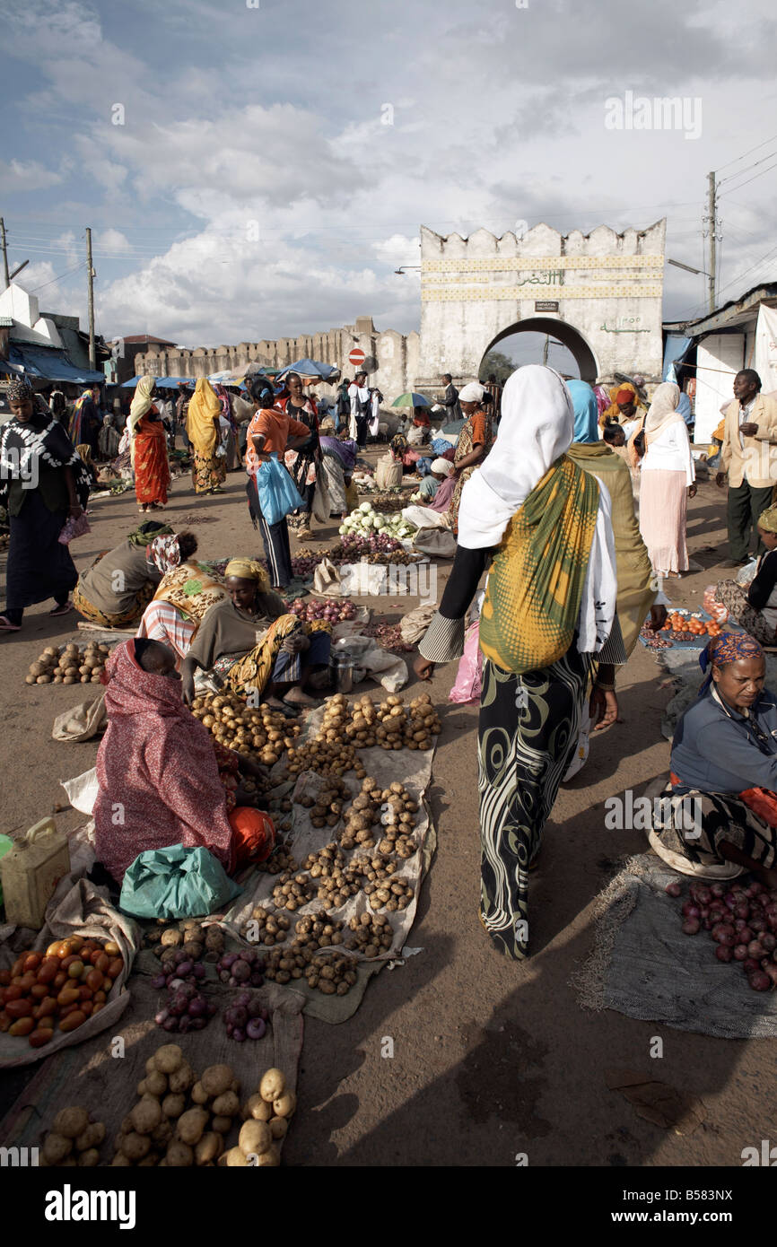 Der Markt am Eingang der Shoa-Tor, eines der sechs Tore in der Stadtmauer von Harar, Äthiopien, Afrika Stockfoto