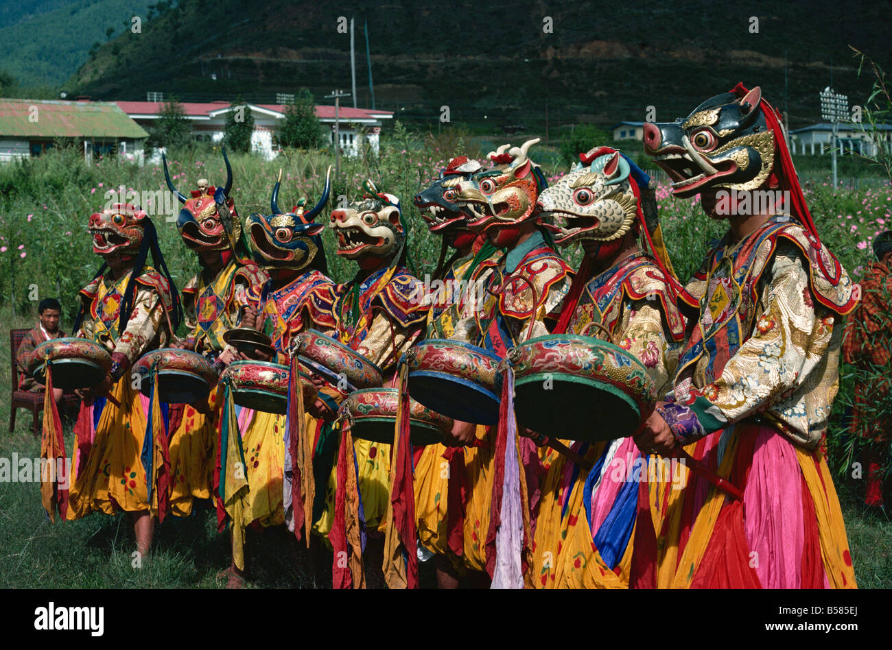 Bhutanische Tänzer Bhutan Asien Stockfoto