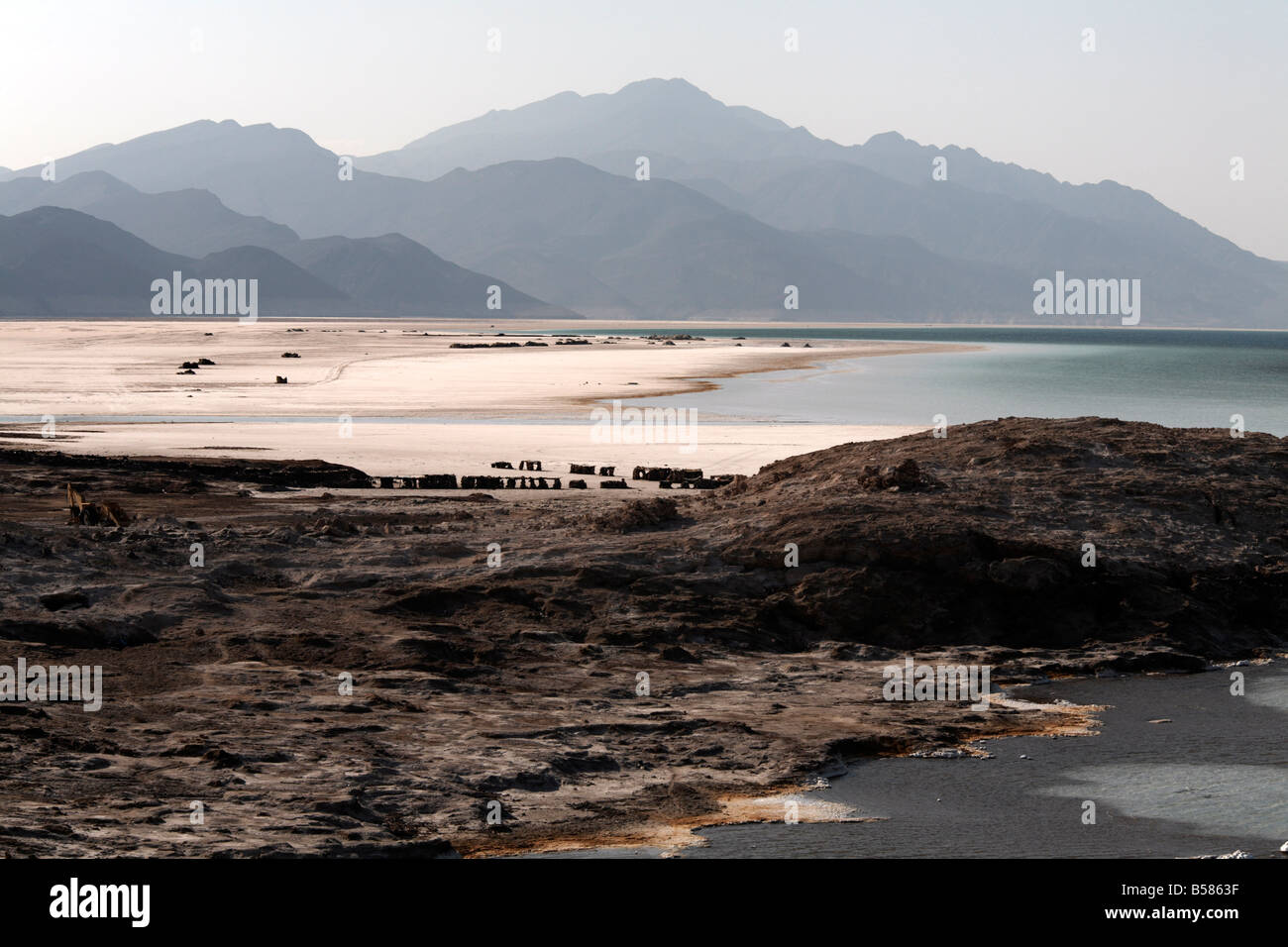 Lac Assal, der tiefste Punkt auf dem afrikanischen Kontinent und die meisten saline Körper des Wassers auf der Erde, Dschibuti, Afrika Stockfoto