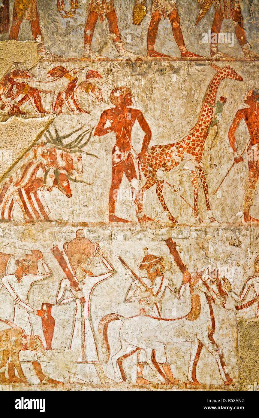 Giraffe unter den Tribut von Nubien, Grab von Rekhmire, Bank, Theben, Ägypten, Nordafrika, Westafrika Stockfoto