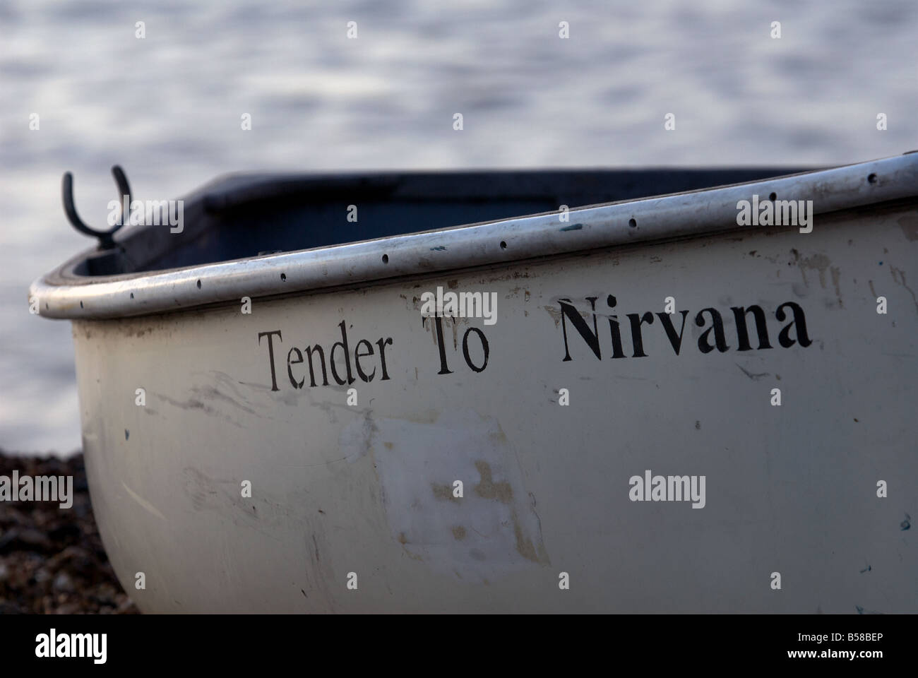 Ruderboot "Zart ins Nirwana" Bawdsey Fähre, Suffolk, UK. Stockfoto