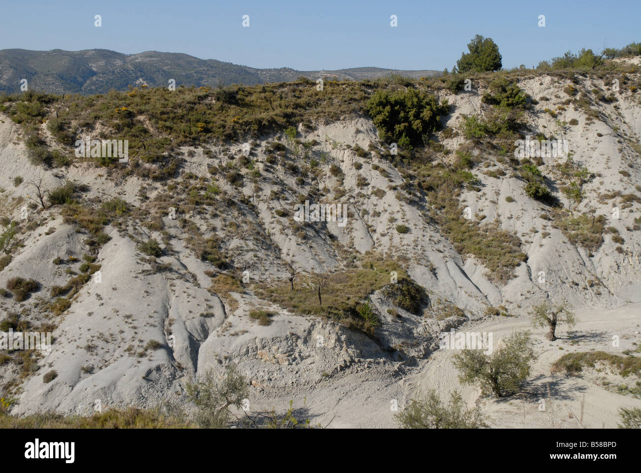 Landschaft im Valle de Ceta, in der Nähe von Quatretondeta, Comtat, Provinz Alicante, Comunidad Valenciana, Spanien Stockfoto