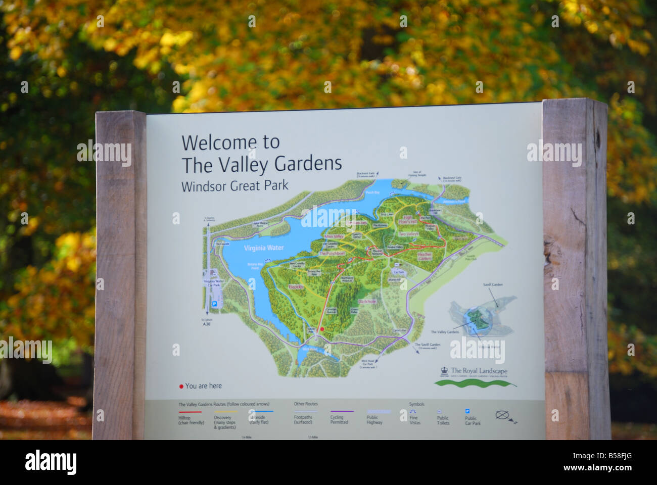 Karte der Gärten und den See, The Valley Gardens, Windsor Great Park, Virginia Water, Surrey, England, Vereinigtes Königreich Stockfoto