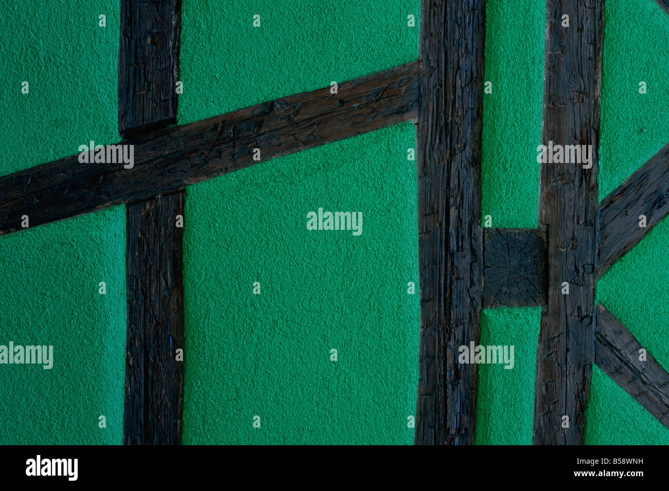Detail der typischen grünen Fachwerkhaus, Riquewihr, Haut-Rhin, Elsass, Frankreich, Europa Stockfoto