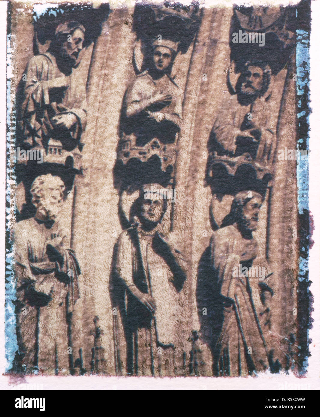 Polaroid Image Transfer von Steinmetzarbeiten an der Kathedrale von Notre Dame Paris Frankreich Europa Stockfoto