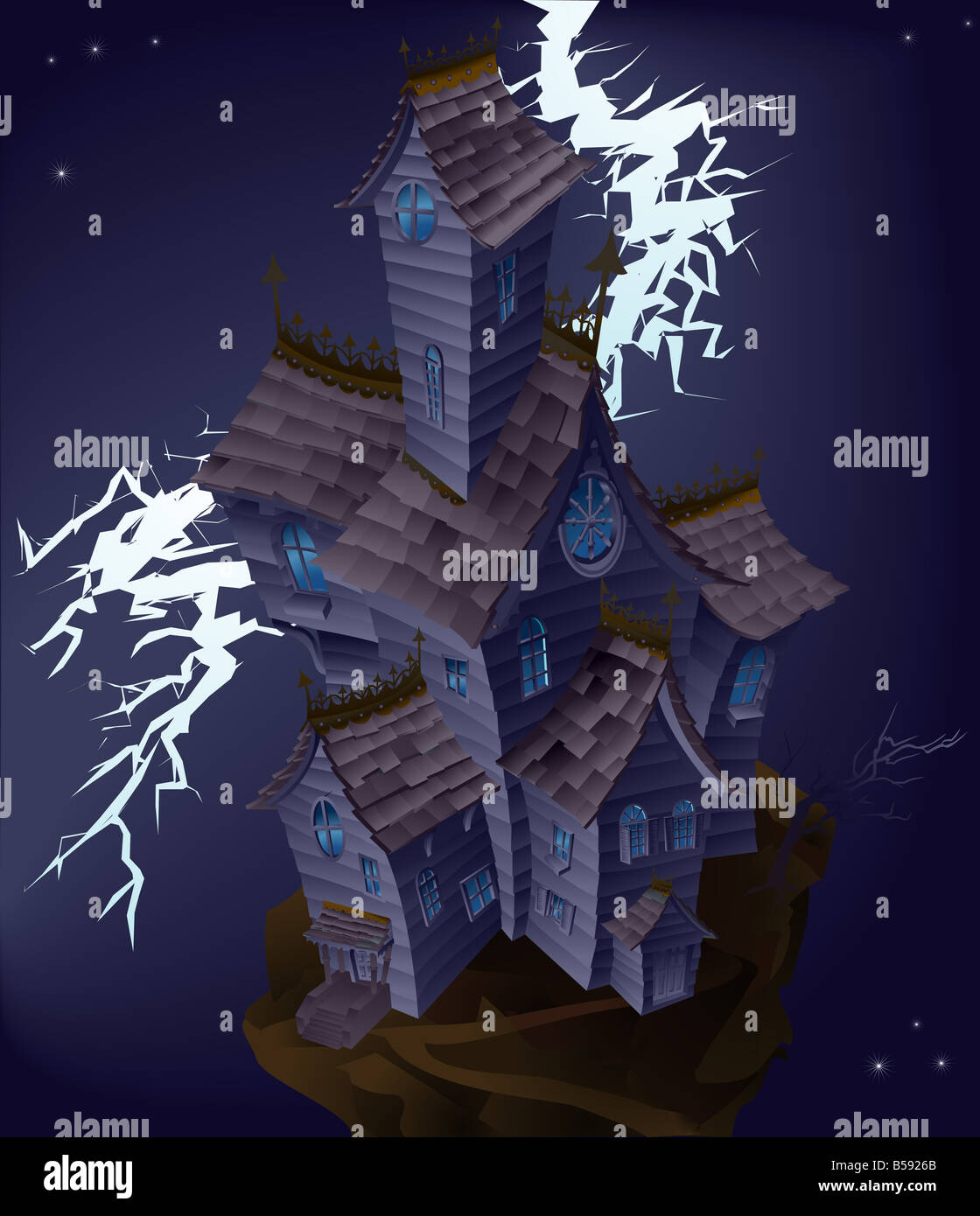 Illustration des Spukhaus mit Blitzschlag Stockfoto