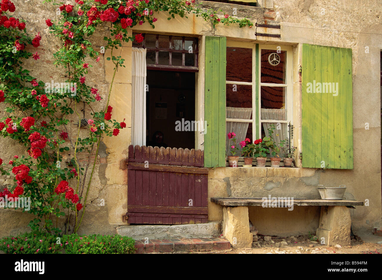 Nahaufnahme von einem Haus mit grünen Fensterläden Topfpflanzen und rote Rosen neben der Tür in der Nevre Region Burgund Frankreich m Stockfoto