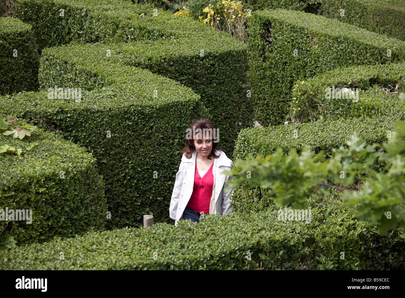 Frau verloren im Irrgarten in Blackgang Chine Fantasy Park Isle Of Wight England UK Familie und Kinder Besucherattraktion Stockfoto