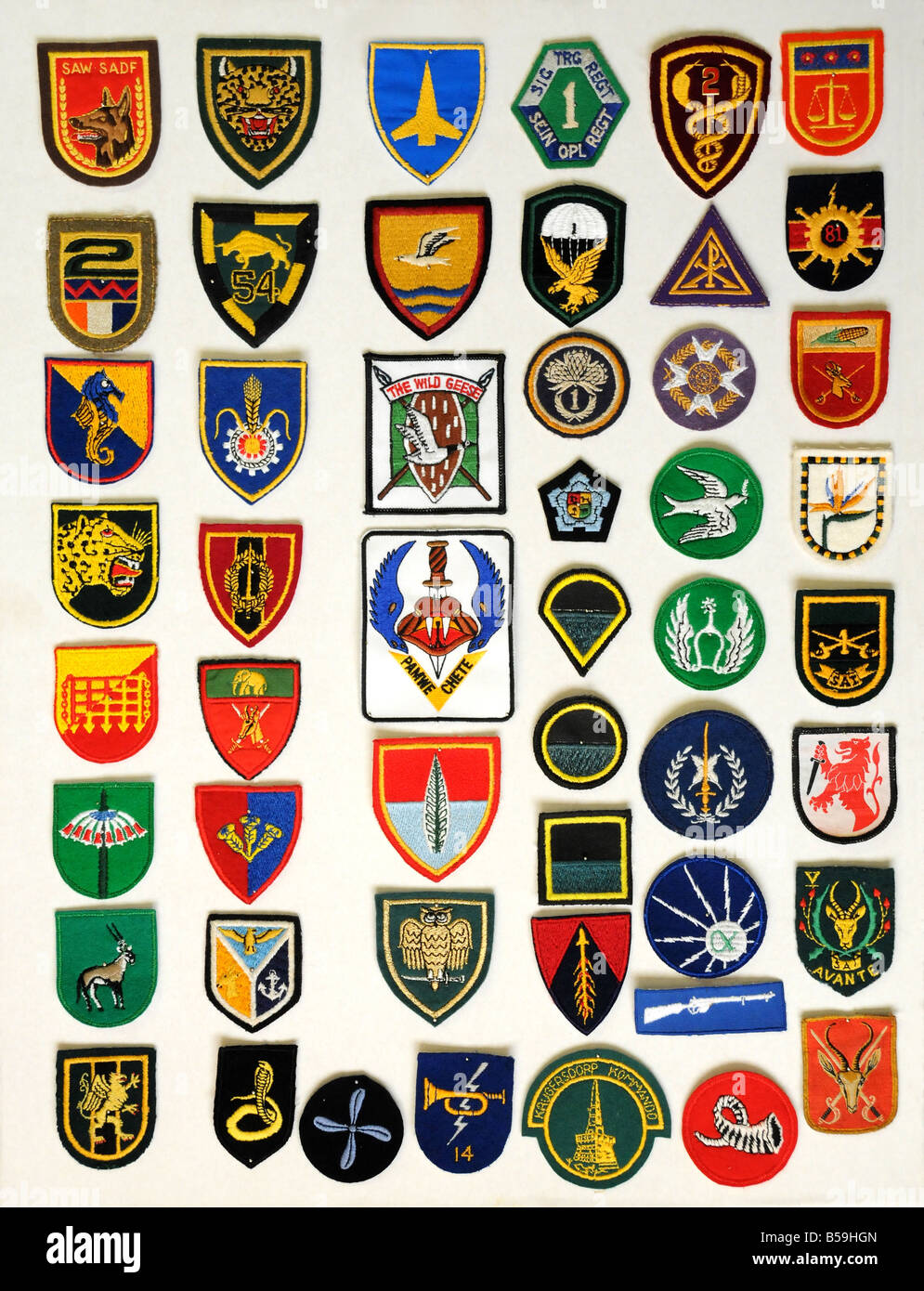 Militärische Tuch Insignien von Südafrika, Rhodesien (Pamwe Chete) und Kongo Söldnern (die Wildgänse) Stockfoto