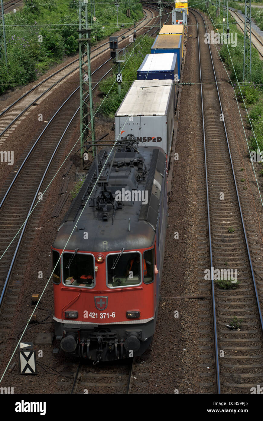 Güterzug Alarmkontakt durch SBB Schweiz, Köln, Nordrhein-Westfalen, Deutschland. Stockfoto