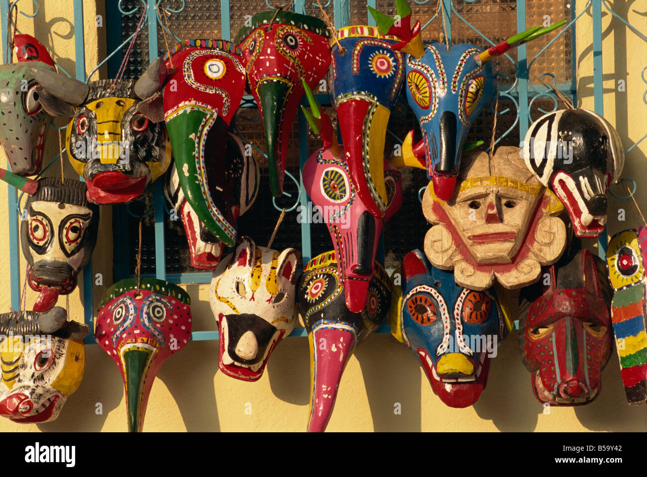 Holzmasken, Panajachel, Lake Atitlan, Guatemala, Mittelamerika Stockfoto
