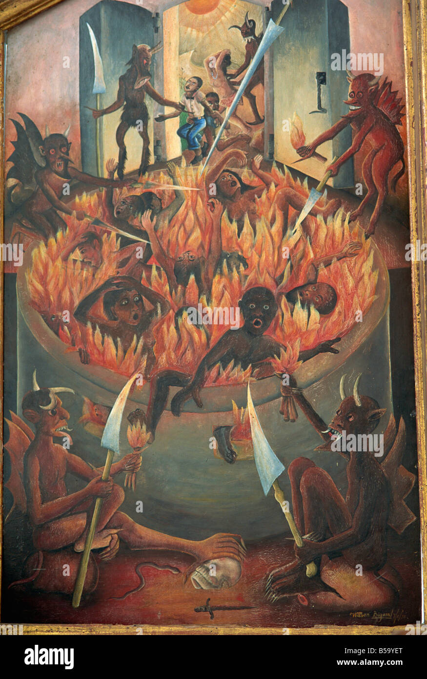 Vision der Hölle, Triptychon Panel gemalt von Wilson Bigaud 1957, Port au Prince, Haiti, Karibik, Mittelamerika Stockfoto