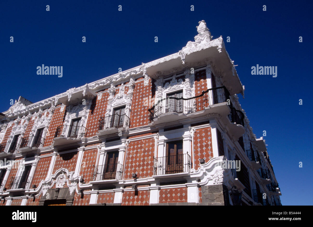 Stadt Casa del Alfenique Beispielder Alfenique C18th dekorativen Stil gemusterten Ziegeln malte Putz PUEBLA Mexiko Stockfoto