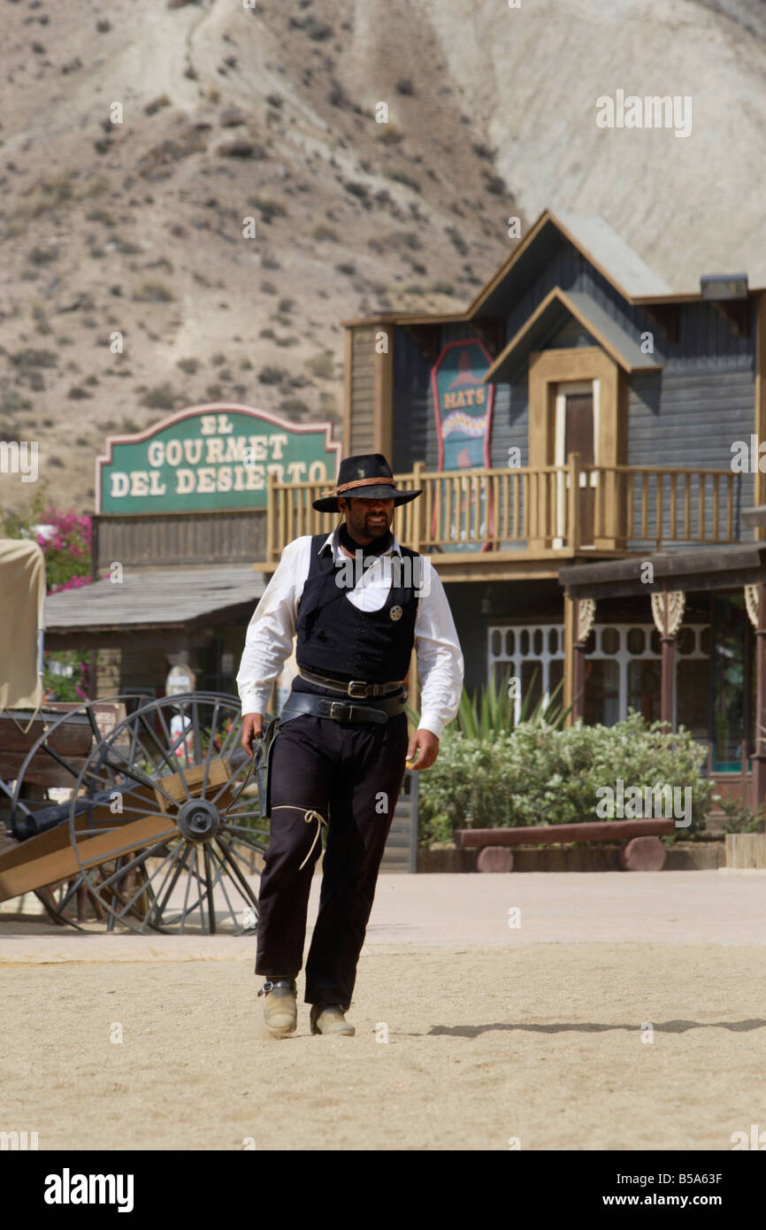 Cowboy Shootout bei Spaghetti-Western Film set, Oasys, Mini-Hollywood, Tabernas, Almeria, Spanien Stockfoto