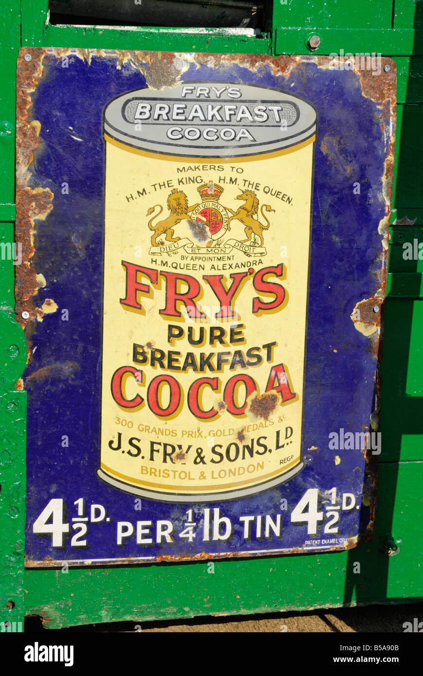 Altes Blechschild Werbung Fry Kakaopulver Stockfoto