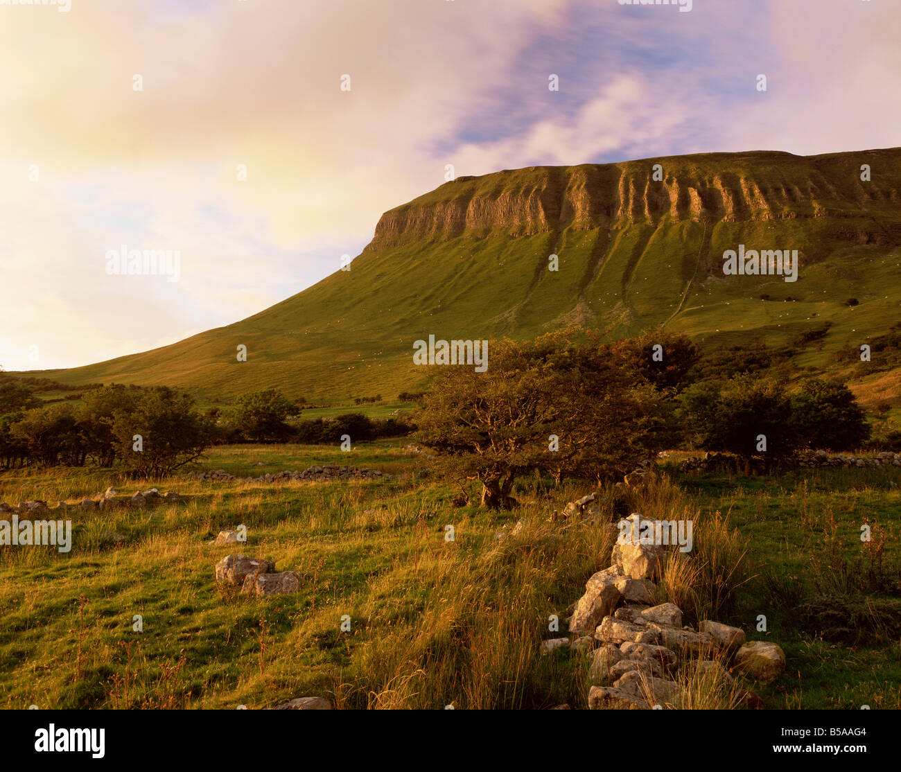 Benbulben, ca. 500m, bei Sonnenuntergang, in der Nähe von Sligo, County Sligo, Connacht, Republik Irland, Europa Stockfoto