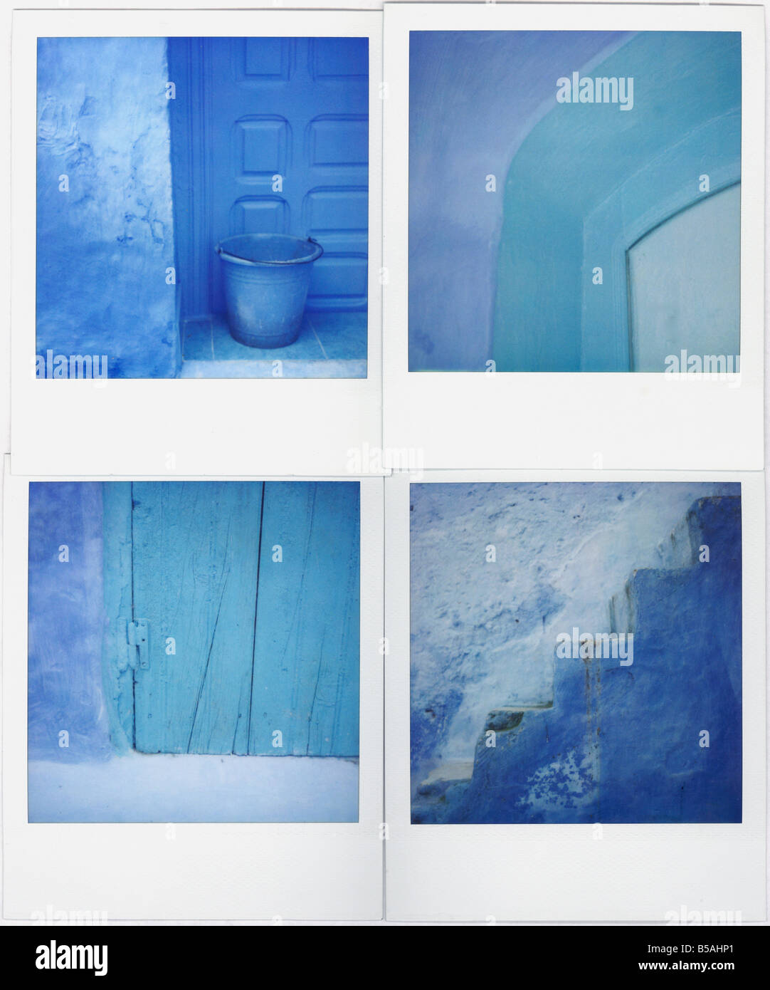 Montage der vier Polaroid-Bilder der blauen Wände Türen und Schritte Chefchaouen Marokko Nordafrika Afrika Stockfoto