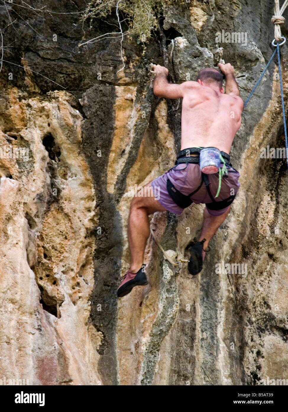 Kletterer in Aktion auf Rai Leh Beach in Krabi Thailand Stockfoto