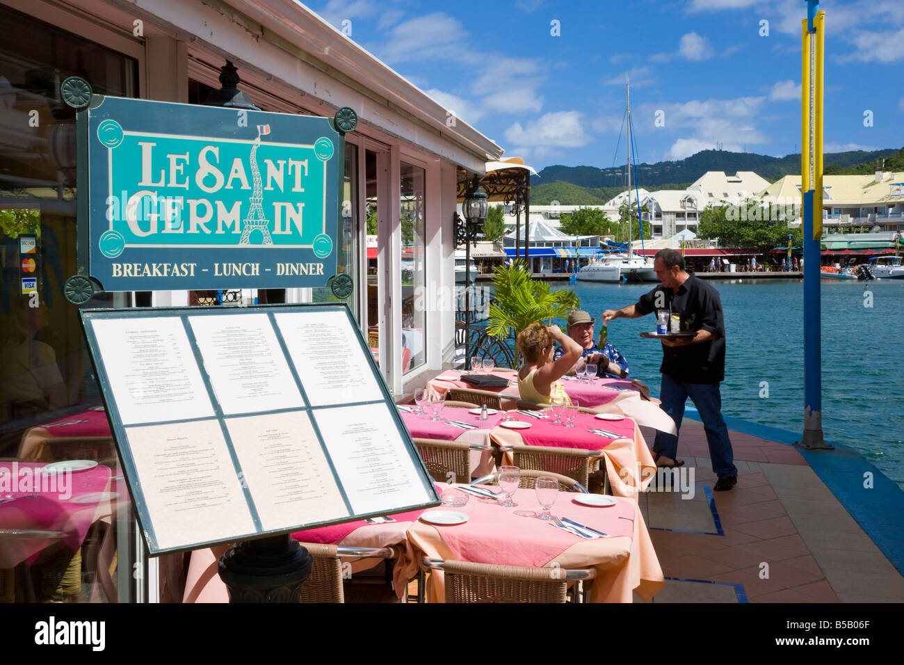 Restaurants in der französischen Stadt Marigot, St. Martin, Leeward-Inseln, West Indies, Karibik, Mittelamerika Stockfoto