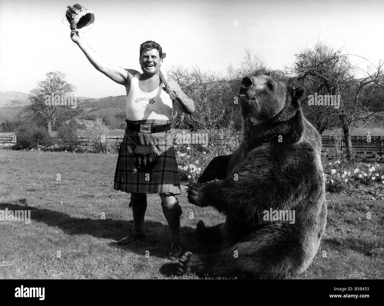 Wir sind zurück nach Hause!; Das ist der Ruf von Ringer Andy Robin, damit jeder weiß, dass der große Softie, Hercules der Bär zurück ist nach Hause in der schottischen Landschaft. ; April 1984 Stockfoto
