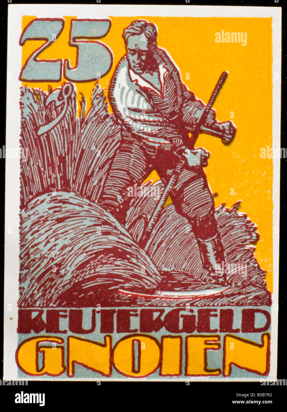 Notgeld oder Rentengeld. Notgeld gedruckt in Deutschland von 1914-22. Gnoien zeigt Bauern die Ernte Stockfoto