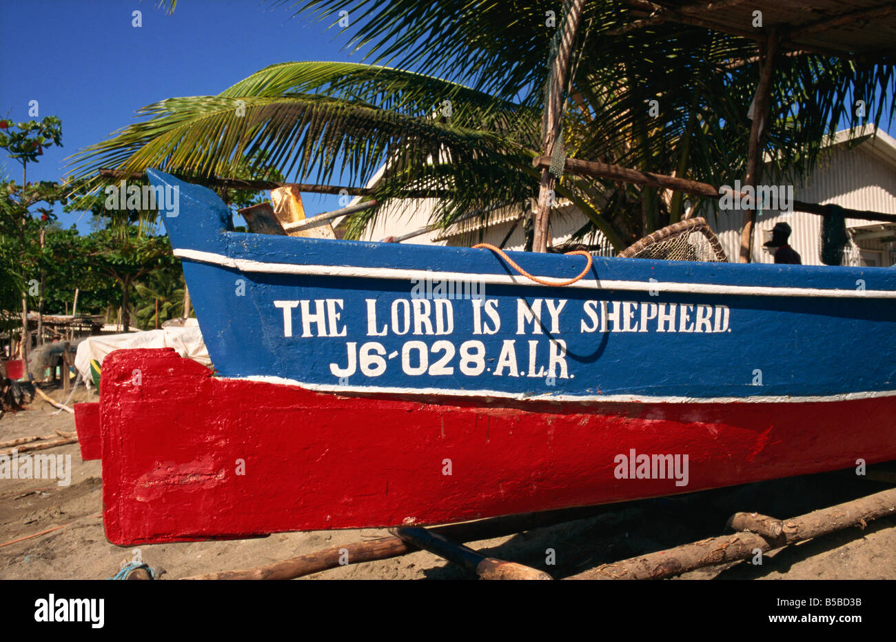 Der Herr ist mein Hirte Fischerboot Anse La Raye St Lucia Windward-Inseln West Indies Mittelamerika Stockfoto