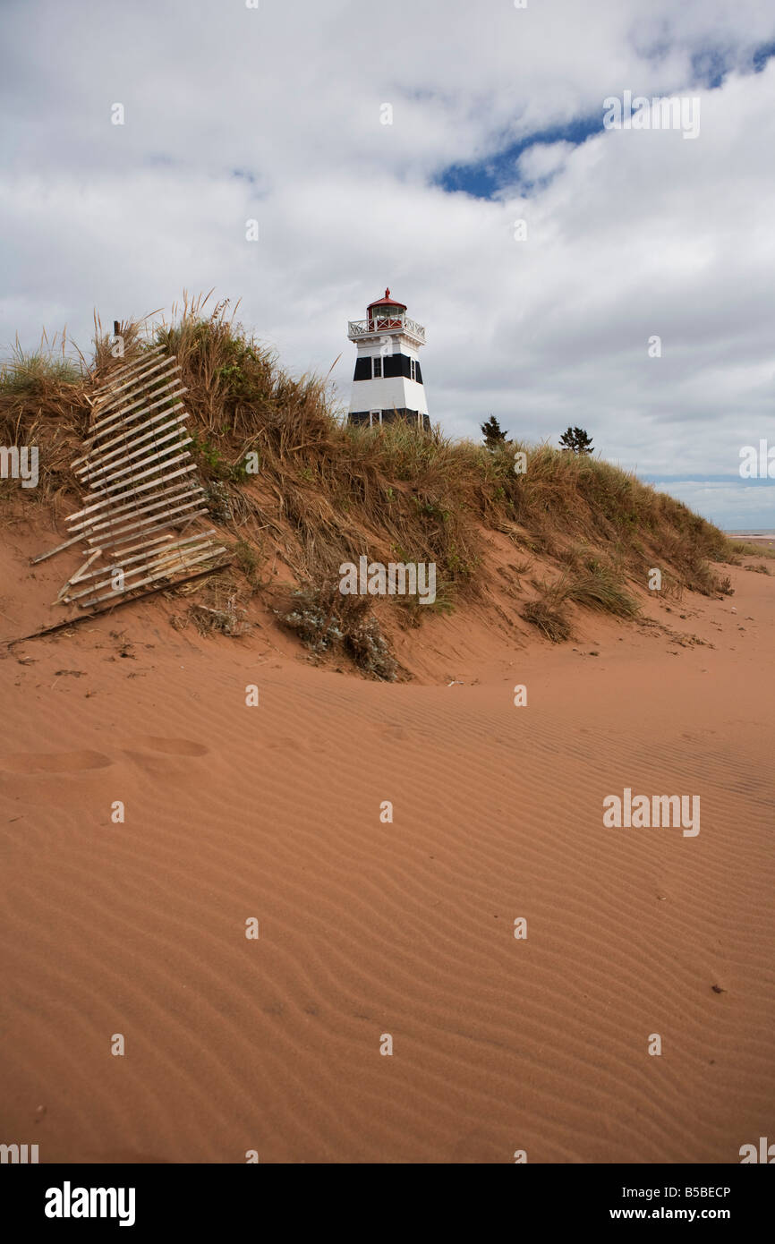 Sand bildet in Wellen vor dem West Point Leuchtturm am Strand auf Prince Edward Island, Kanada. Stockfoto