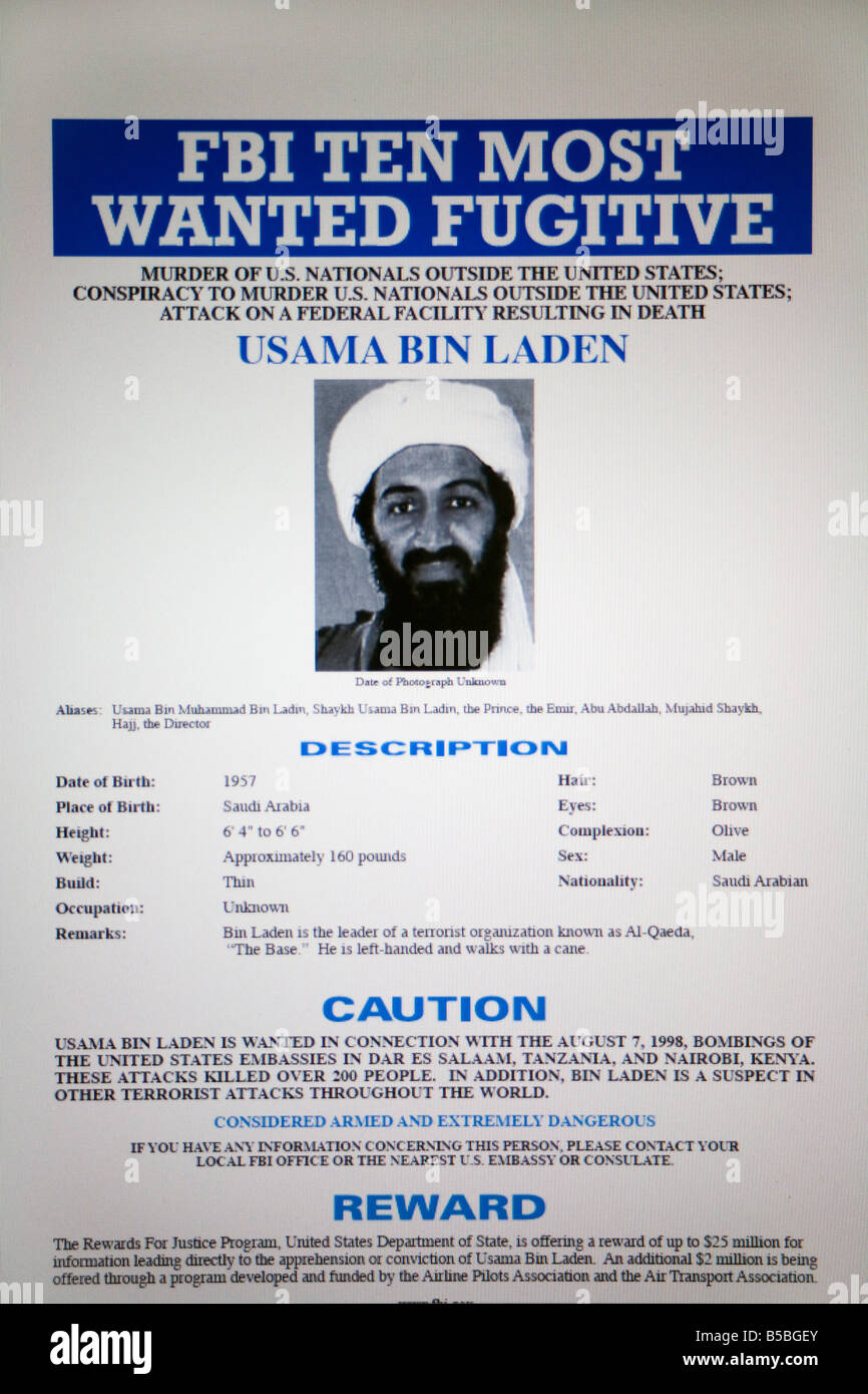 FBI meistgesuchten flüchtigen Website mit Osama Bin Laden Stockfoto