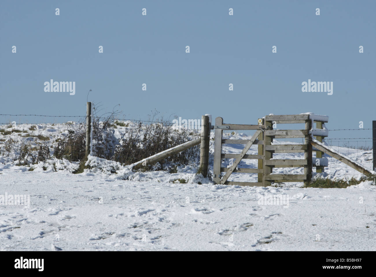 Zaun und Tor auf der Icknield Way im Schnee Stockfoto