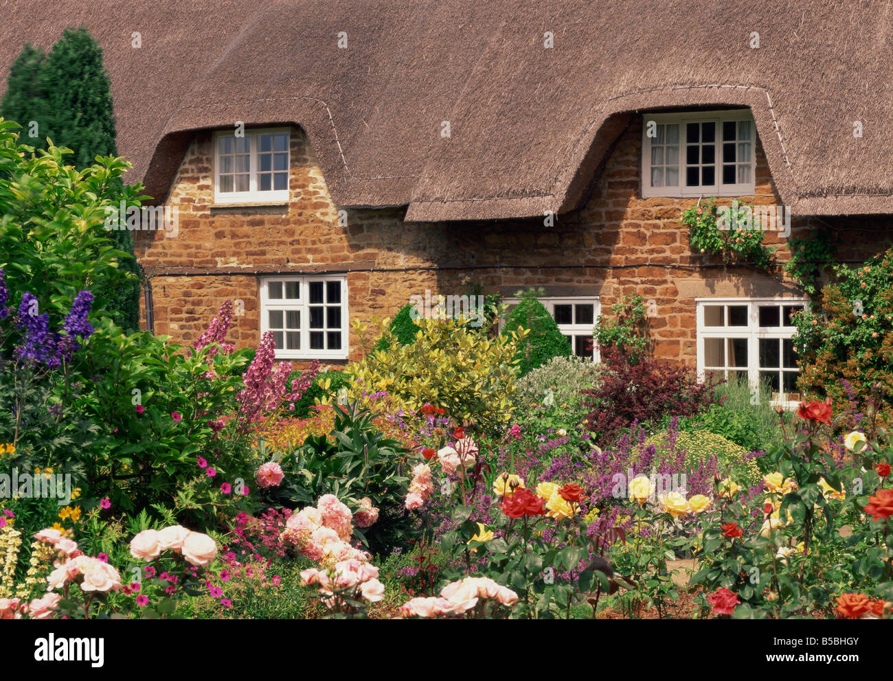 Strohgedeckten Hütten mit Gärten voller Sommerblumen in Hampshire England Großbritannien Europa Stockfoto